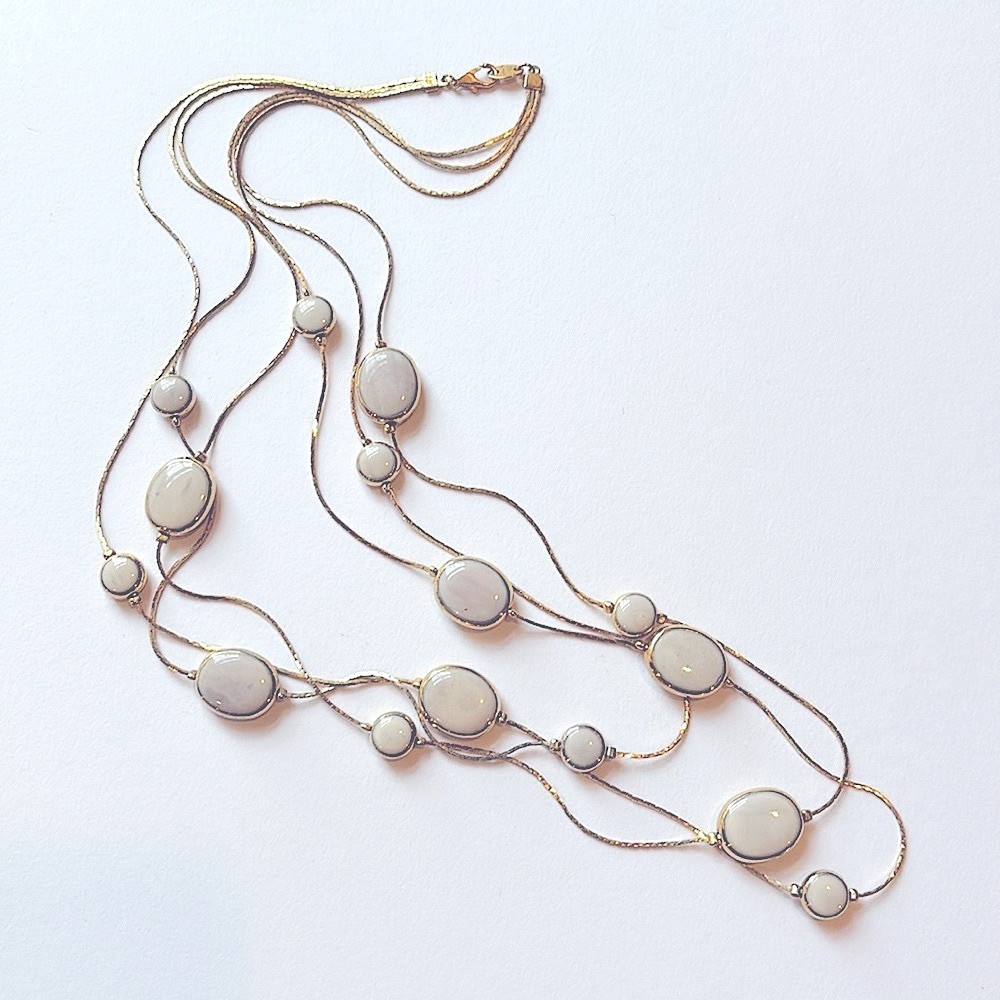 Vintage Avon Ivory Enamel Bead Multi Triple Strand Gold Tone Layer Necklace